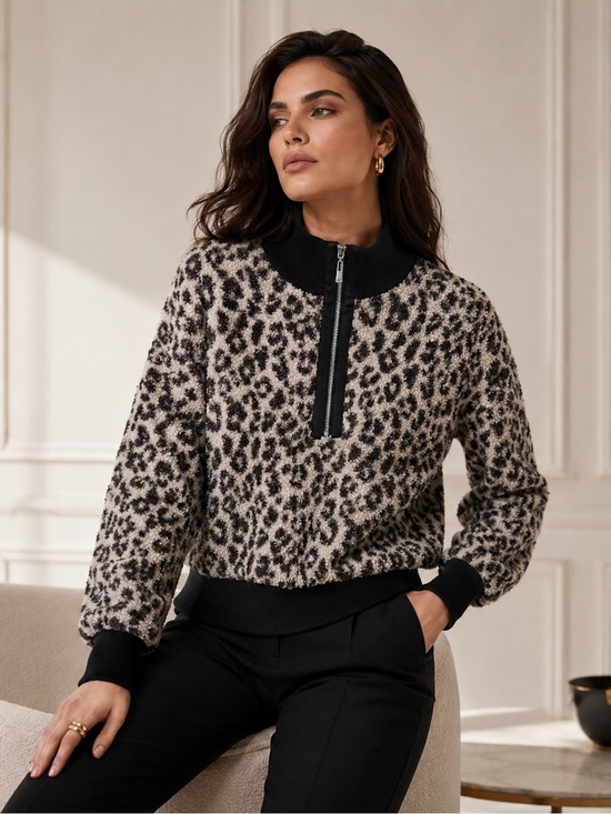 Cable & Gauge Jackets & Blazers - Cable & Gauge Leopard Half-Zip Teddy Jacket - Black & Cream